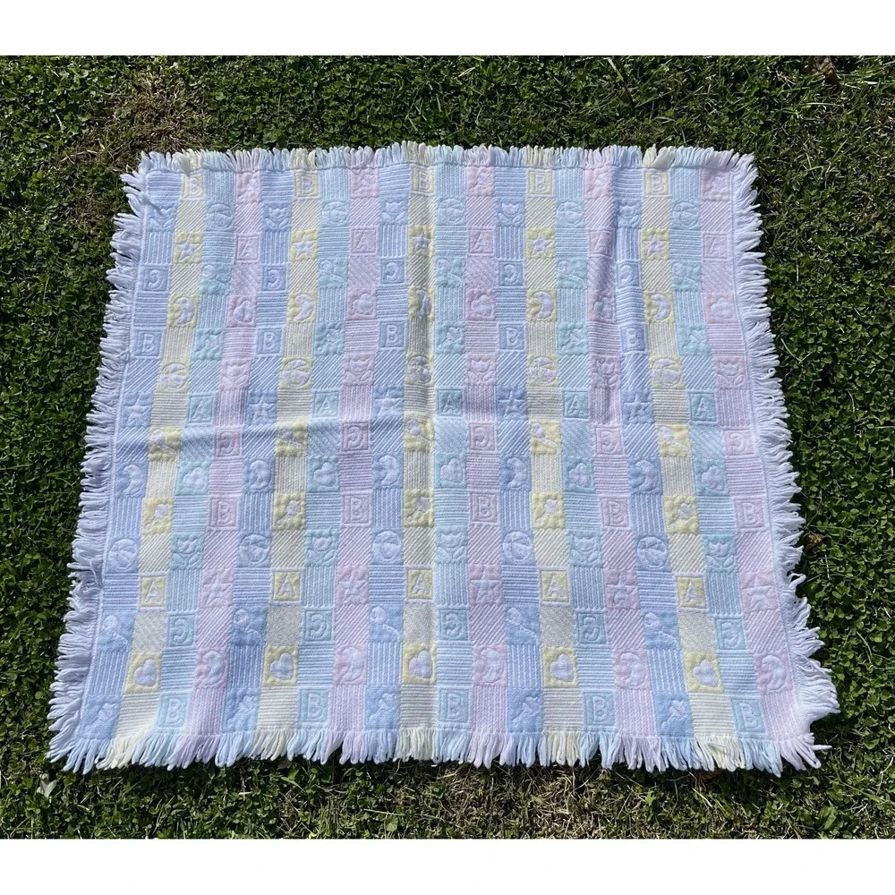 Vintage Pastel ABC Baby‎ Blanket Textured Alphabet Stars Moons Hearts Fringe